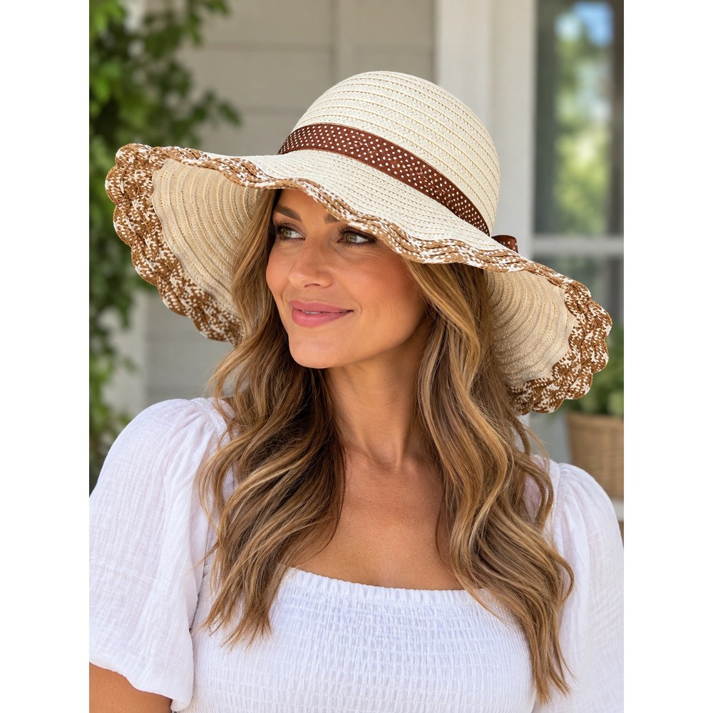 Womens Wide Brim Straw Sun Hat Brown Polka Dot Ribbon Flower Accent Cream